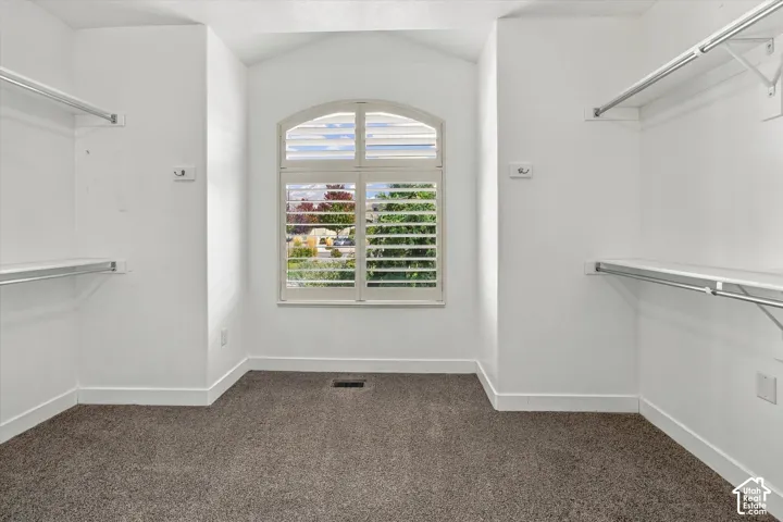 Walk-in closet featuring vaulted ceilings, carpeted flooring, built-in shelving, and an arched window with shutters