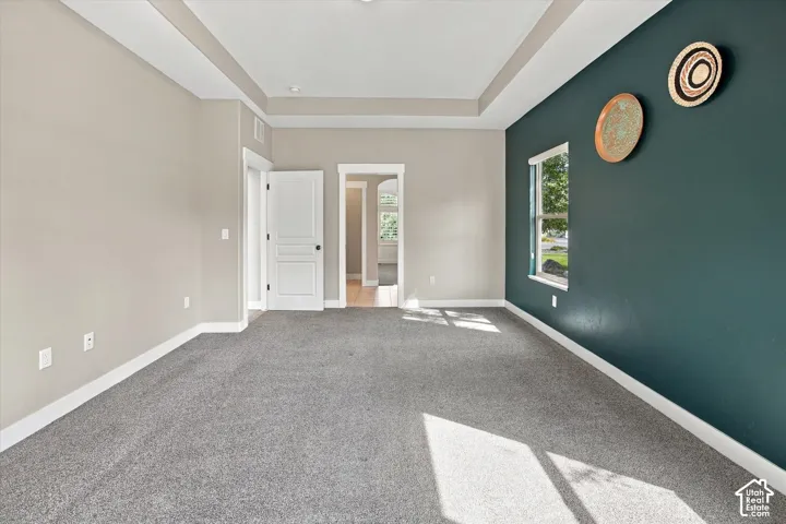 Room featuring a recessed tray ceiling, wall-to-wall carpeting, and a dual-tone wall finish with a prominent accent wall