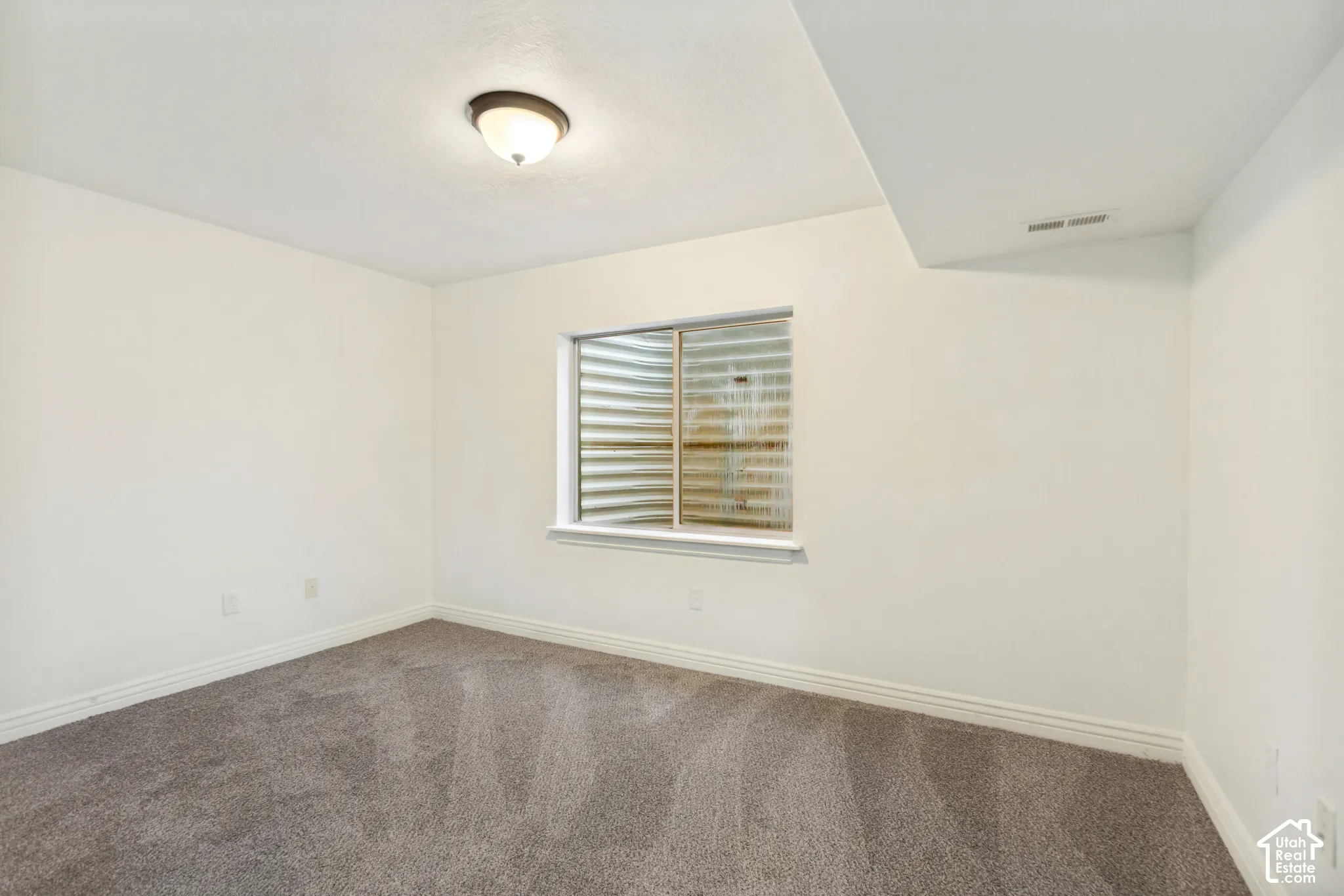 Neutral-toned carpeting, white walls, and a sliding window with an integrated egress well featuring a corrugated metal surround, finished with a dome-style flush-mount ceiling light