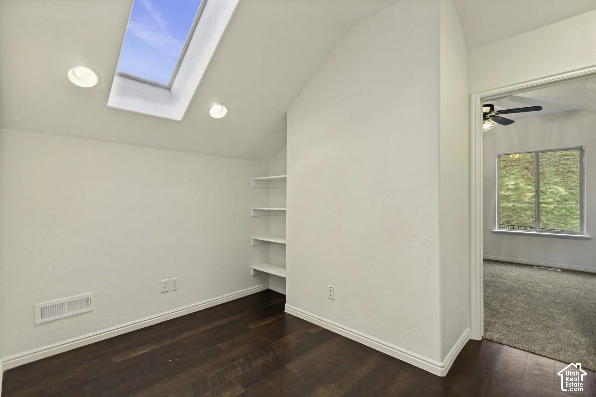 Skylight, vaulted ceiling, built-in shelving, recessed lighting, and dark-finish wood flooring