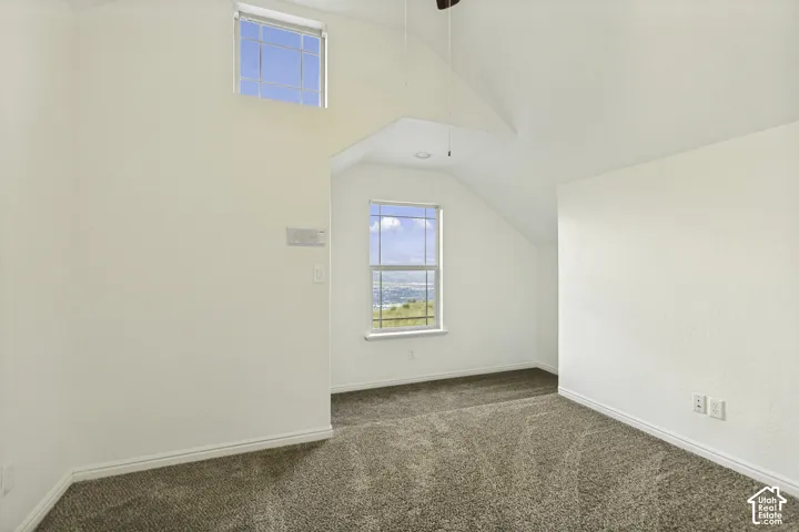 Vaulted ceilings, carpeted flooring, and dual window configurations