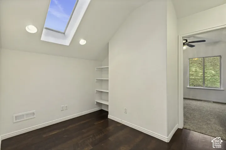 Skylight, vaulted ceiling, built-in shelving, recessed lighting, and dark-finish wood flooring