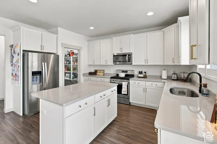 Kitchen featuring white cabinetry, quartz countertops, a center island, stainless steel appliances, and wood-finish flooring