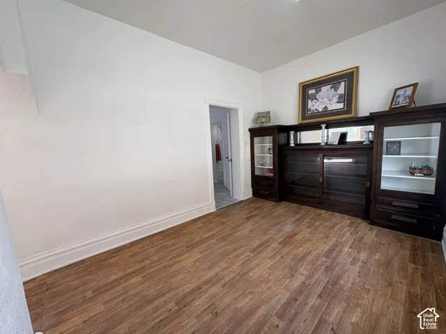 Wood-finish flooring and integrated dark-wood cabinetry featuring glass-panel doors