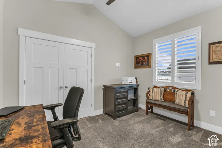 Vaulted ceilings, carpeted flooring, double-panel interior closet doors with casing trim, and shutter-style window coverings