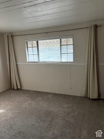 Interior space featuring neutral-toned carpeting, white chair rail molding, and a horizontal window with slatted blinds