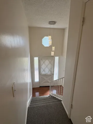 Entryway featuring wood-finish flooring, a multi-tiered glass pendant light fixture, an octagonal window, and a door with sidelights