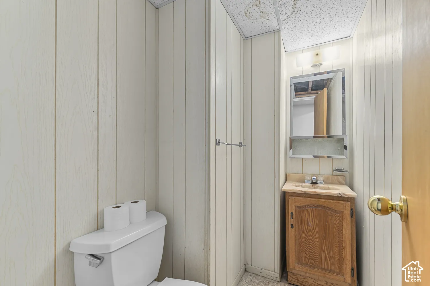 Bathroom featuring wood-finish cabinetry, a drop-in sink with a stone-finish countertop, a rectangular wall-mounted mirror, and vertical paneling