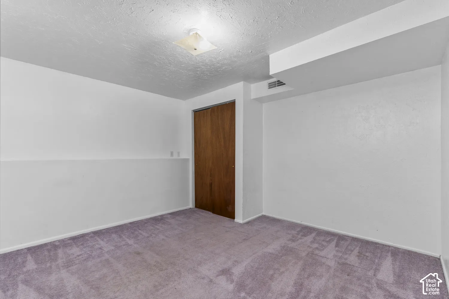 Room featuring wall-to-wall carpeting, flush-mount ceiling lighting, and a wood-finish closet door