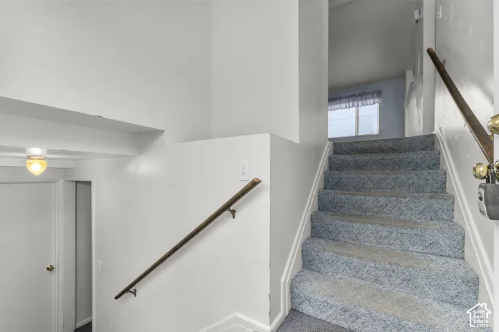Carpeted staircase featuring wood-finish handrails and neutral wall paint