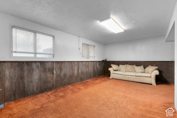 Interior space featuring wood-paneled wainscoting, wall-to-wall carpeting, two horizontal sliding windows, and a flush-mount rectangular light fixture