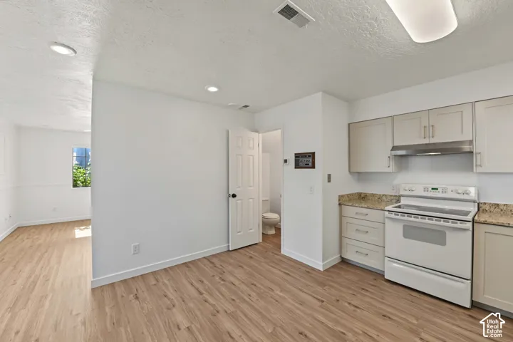 Kitchen featuring shaker-style cabinetry, stone countertops, integrated range hood, recessed lighting, and wood-finish flooring