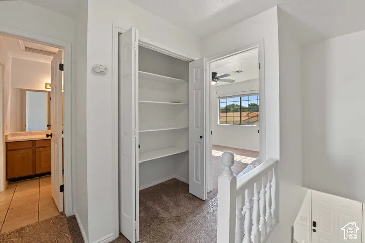 Interior hall featuring a closet with built-in shelving, carpeted flooring, and a white balustrade with a decorative newel post