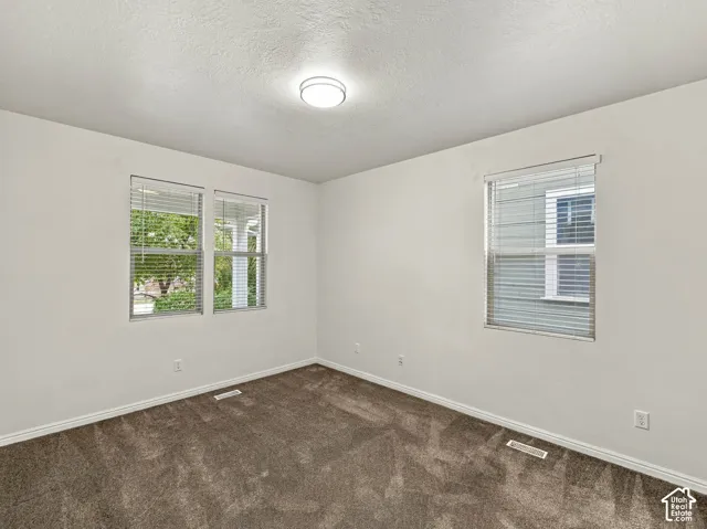 Neutral-toned interior space featuring neutral wall-to-wall carpeting, three windows with horizontal blinds, and a central dome-style light fixture