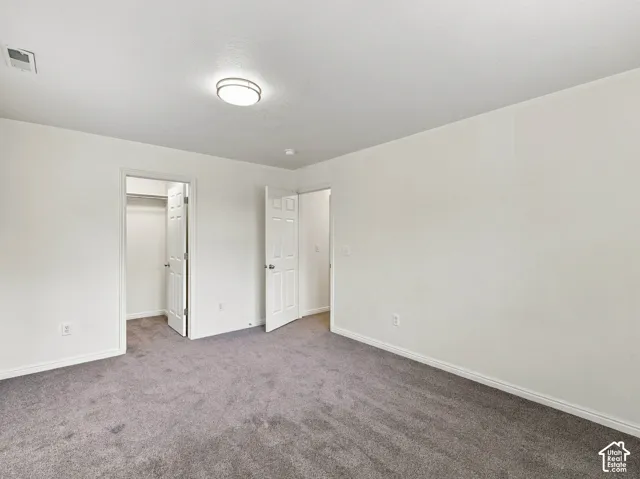 Neutral-toned carpeting, flush-mount ceiling lighting, and six-panel interior doors