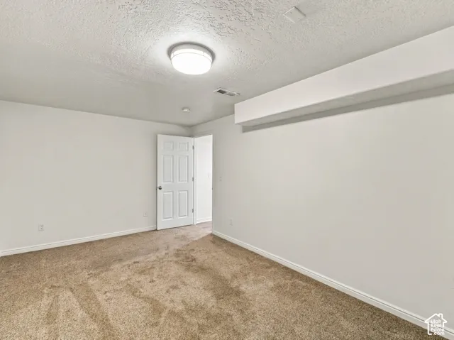 Neutral-toned wall-to-wall carpeting, crisp white walls, flush-mount ceiling lighting, and a six-panel interior door