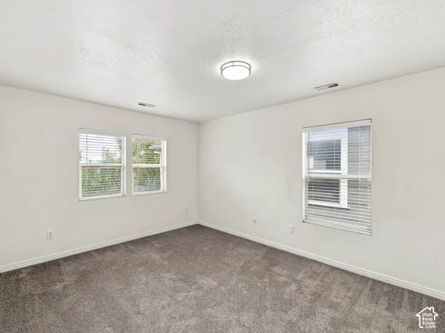 Room featuring neutral-toned carpeting, crisp white walls, three windows with integrated blinds, and a circular flush-mount ceiling light fixture