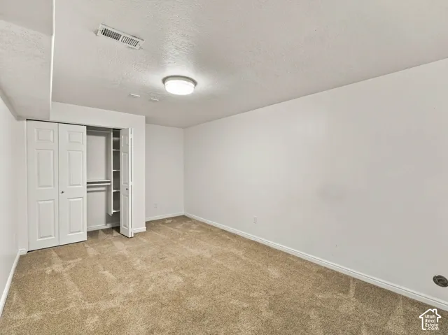 Interior room featuring neutral carpeting, white walls, flush-mount ceiling lighting, and a dual-door closet with built-in shelving