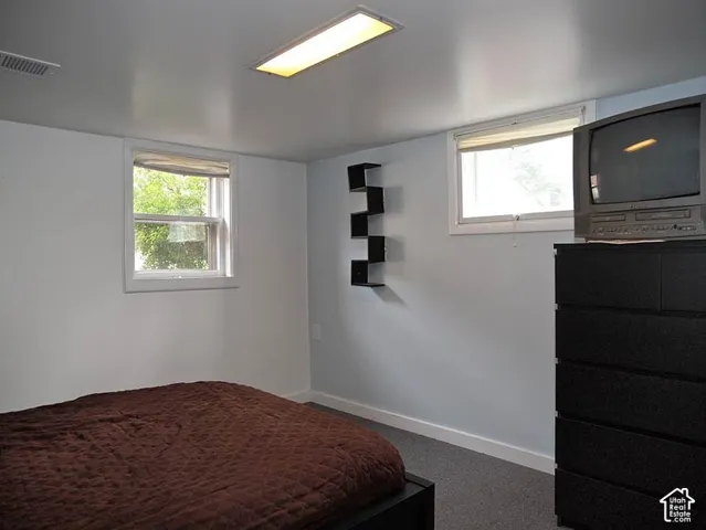 Neutral-toned interior space featuring rectangular windows with white frames, flush-mount ceiling lighting, and wall-to-wall carpeting