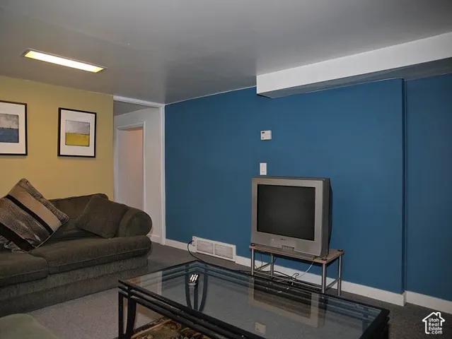 Interior space featuring a flush-mount rectangular light fixture, carpeted flooring, and painted accent walls