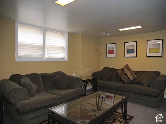 Interior space featuring neutral wall paint, carpeting, and dual flush-mount ceiling light fixtures with an integrated window featuring horizontal blinds