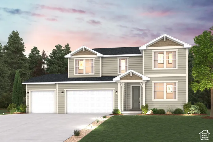 Two-story residence featuring horizontal lap siding, a front-facing gable roof, a covered entry porch, and an attached three-car garage