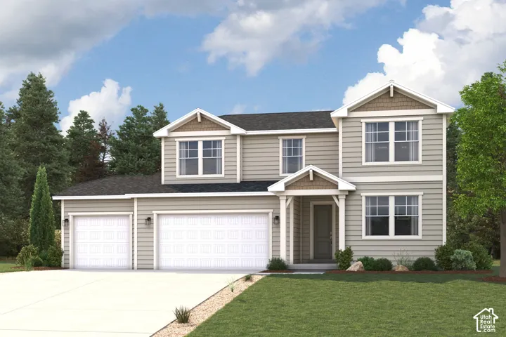 Two-story exterior featuring lap siding, shingle-style gable accents, a three-car garage, and a covered front entry