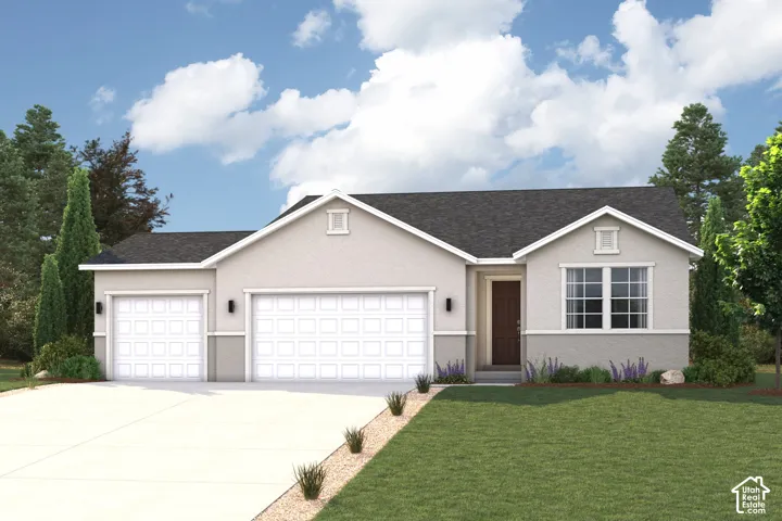 Single-level exterior featuring a stucco and stone facade, dual-bay garage, shingled roof, and concrete driveway