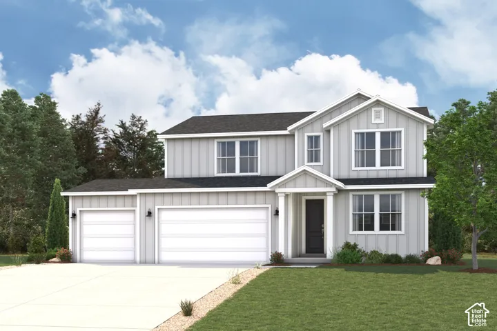 Two-story exterior featuring board-and-batten siding, a three-car garage, and a covered front porch entry
