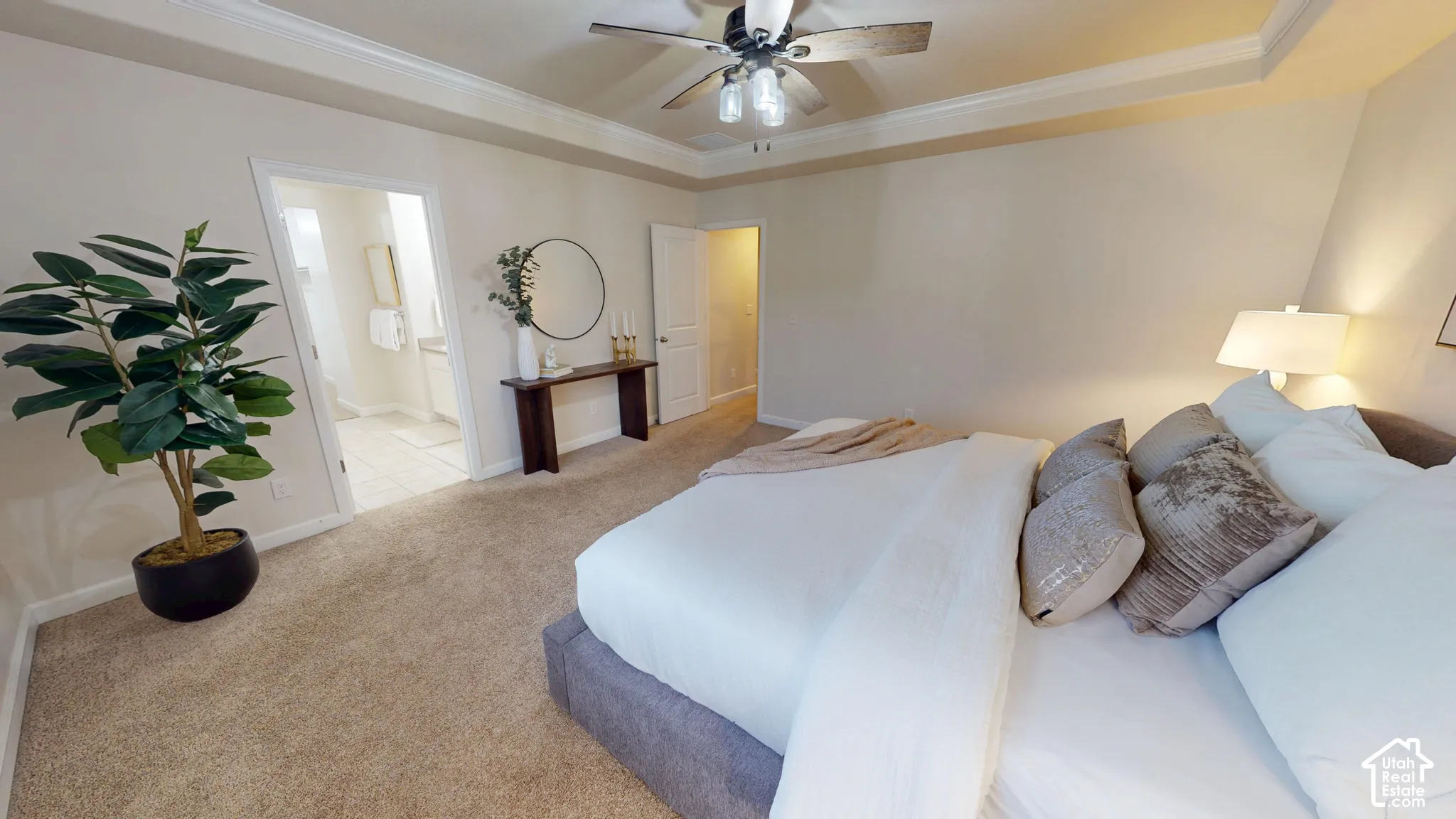 Tray ceiling featuring a central lighted ceiling fan, neutral wall tones, and wall-to-wall carpeting