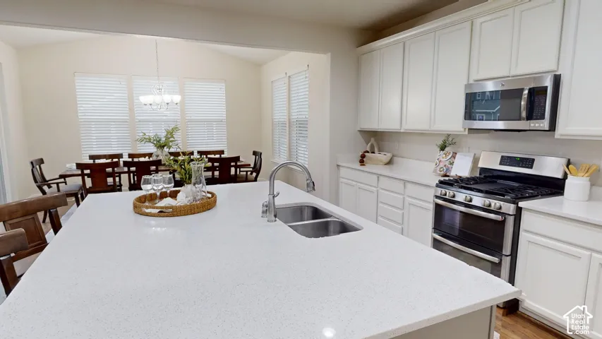 Kitchen featuring a oversized island with a dual-basin sink, white cabinetry, solid-surface countertops, and stainless steel appliances