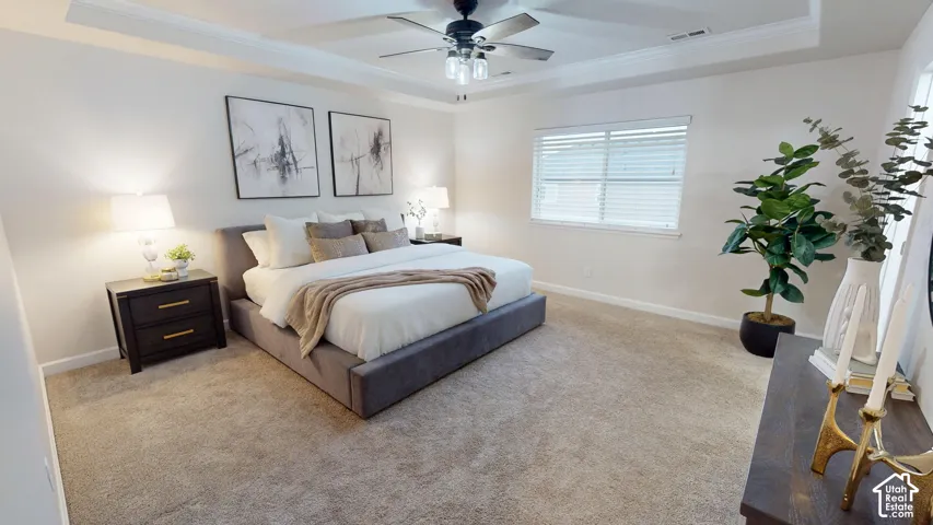 Primary suite featuring a tray ceiling with crown molding, neutral carpeting, and a ceiling fan with integrated lighting