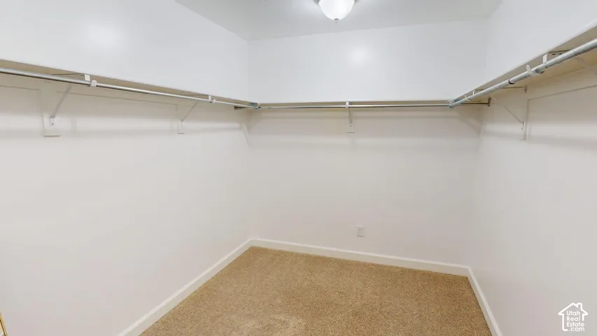 Extra large walk-in closet featuring wall-to-wall carpeting, overhead dome lighting, and built-in metal shelving