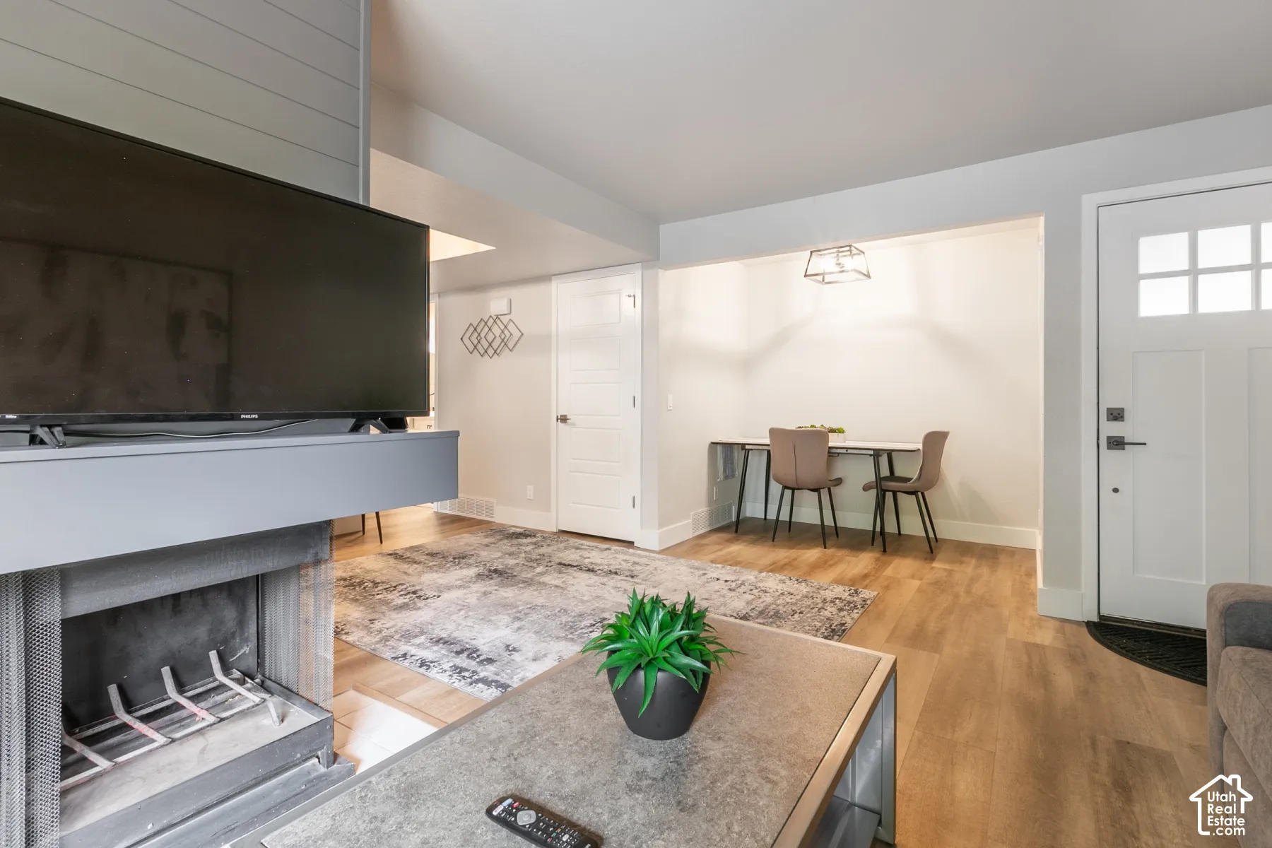 Fireplace with grey paneled surround, wood-finish flooring, and white exterior door with multi-pane glass inlay
