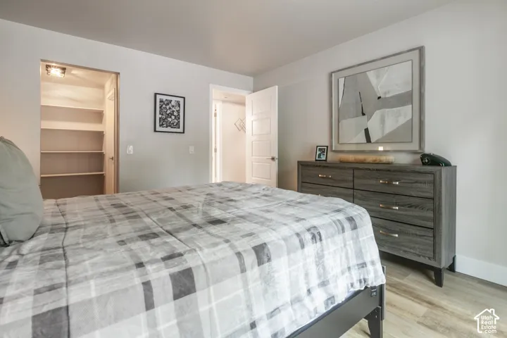 Neutral-toned bedroom featuring wood-finish flooring, a multi-panel interior door, and a walk-in closet with built-in shelving