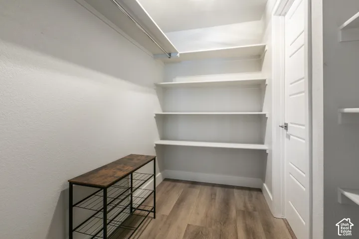 Walk-in closet featuring wood-finish flooring, built-in shelving, a metal hanging rod, and a multi-panel door