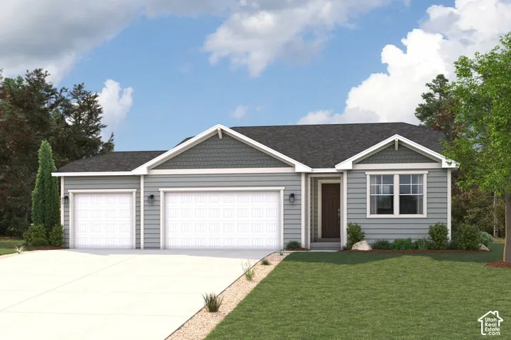 Single-story residence featuring horizontal lap siding, shake-shingle gable accents, a three-car garage, and an asphalt shingle roof