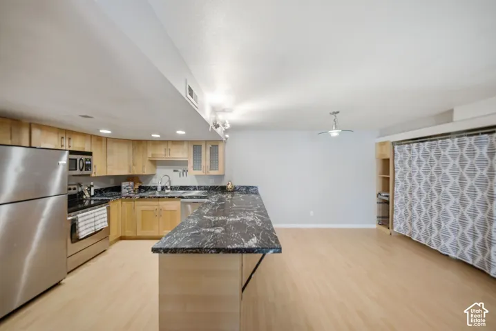 Kitchen area featuring light wood cabinetry, dark patterned countertops, and stainless steel appliances