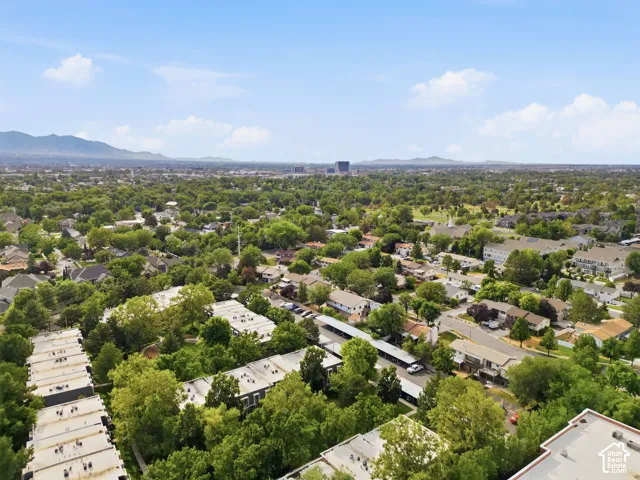 Expansive aerial landscape featuring a residential area with varied rooflines and extensive mature tree coverage