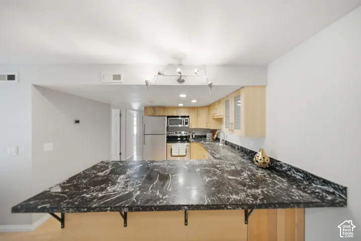 Kitchen featuring a spacious peninsula with a black and white patterned countertop, light wood cabinetry, stainless steel appliances, and a track lighting fixture