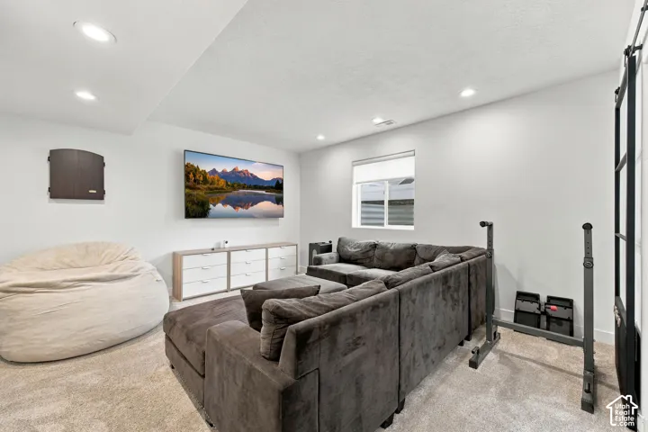 Neutral-toned interior space featuring recessed ceiling lighting, wall-to-wall carpeting, a single-hung window with a roller shade, and a black-framed sliding barn door