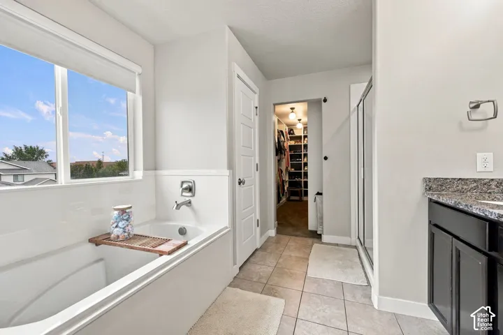 Bathroom featuring a soaking tub with wall-mounted chrome fixtures, tile flooring, stone-surfaced vanity with dark-finish cabinetry, and a walk-in closet with built-in shelving