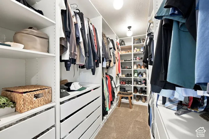 Walk-in closet featuring white built-in shelving, multiple pull-out storage drawers, and carpeted flooring