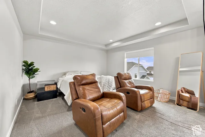 Tray ceiling featuring recessed lighting and wall-to-wall carpeting