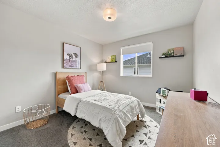 Neutral interior room featuring wall-to-wall carpeting, single-pane window with roller shade, and flush-mount ceiling light fixture