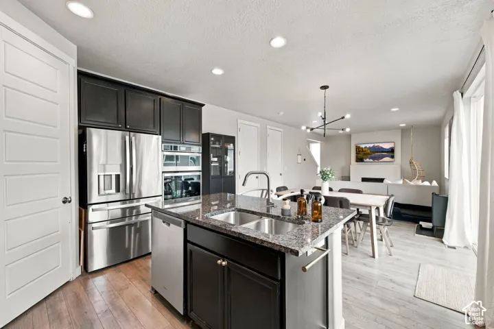 Kitchen featuring dark cabinetry, stone countertops, an undermount double-basin stainless steel sink, stainless steel appliances, and wood-finish flooring