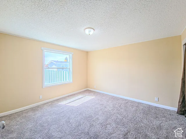 Room featuring neutral wall tones, textured ceiling, carpeting, and a single-pane window with white trim