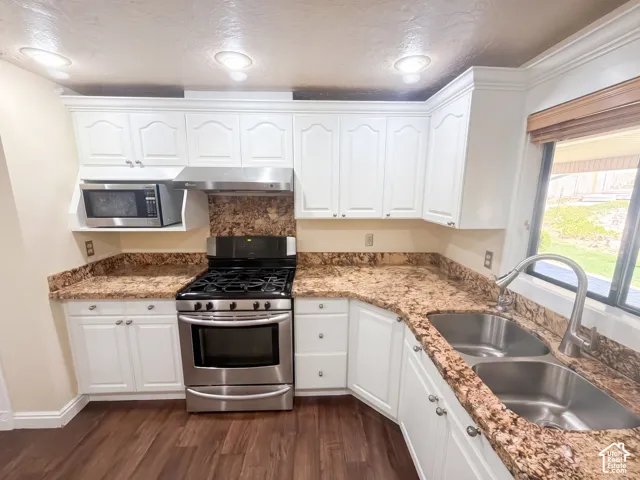Kitchen featuring white cabinetry, stone-patterned countertops, stainless steel appliances, dual-basin sink with pull-down faucet, and wood-finish flooring
