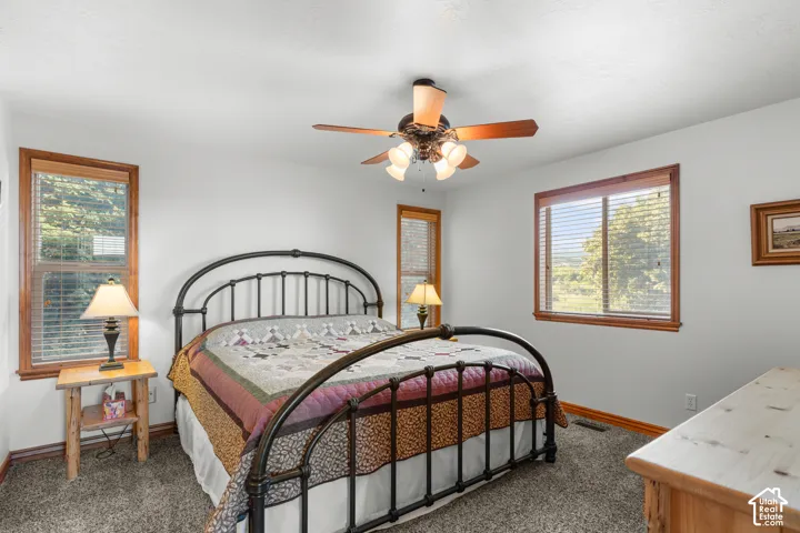 Neutral-toned wall finish, wood-trimmed windows, and central ceiling fan with integrated lighting