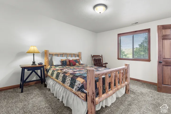 Neutral-toned carpeting, wood-trimmed single-pane window, solid wood interior door, and flush-mount ceiling lighting